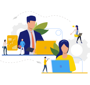 Flat artwork of different business people working on laptops illustrating how smart policies help reduce disputes.