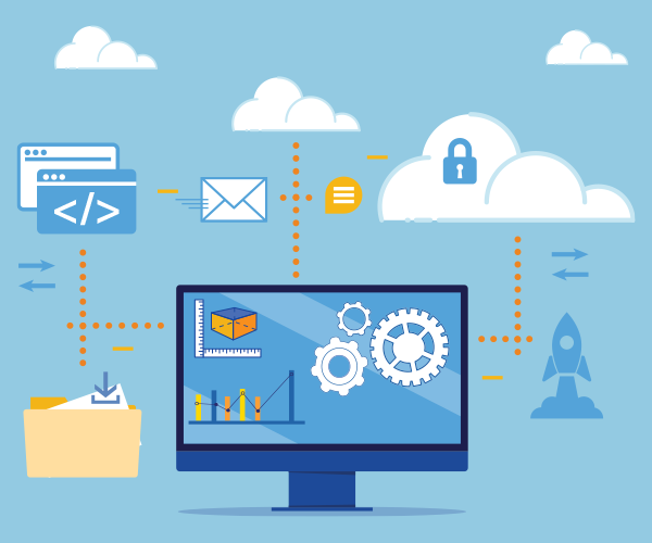 Flat artwork of a computer monitor with clouds